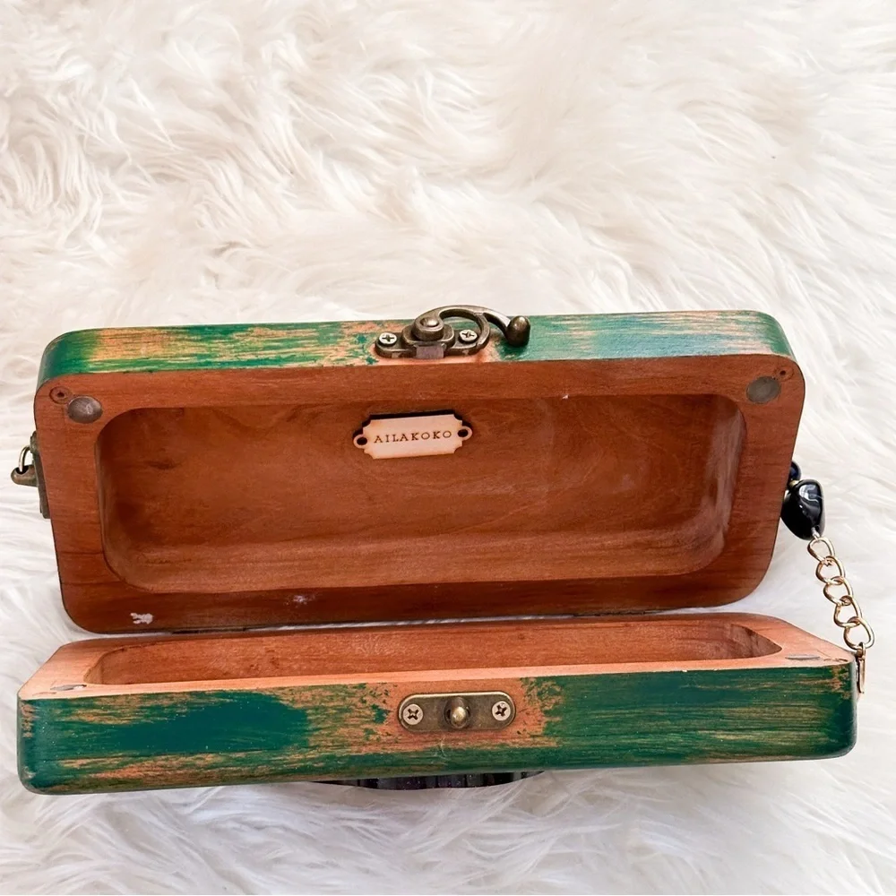 Unique Handcrafted Green and Purple Wooden Clutch